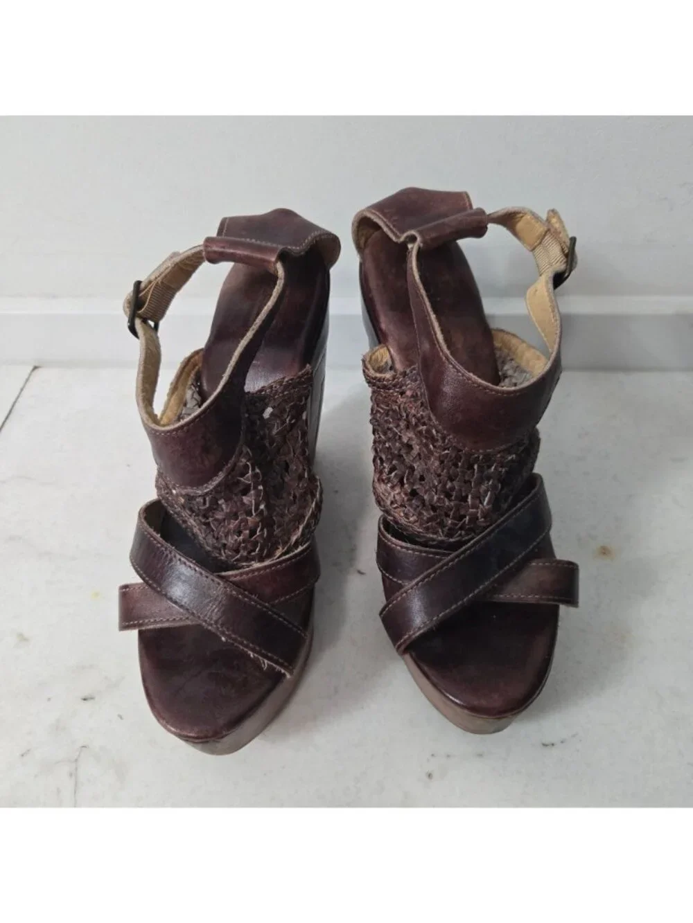 Bed Stu Size 10 Petra Handwoven Leather Wood Platform Wedge Sandals